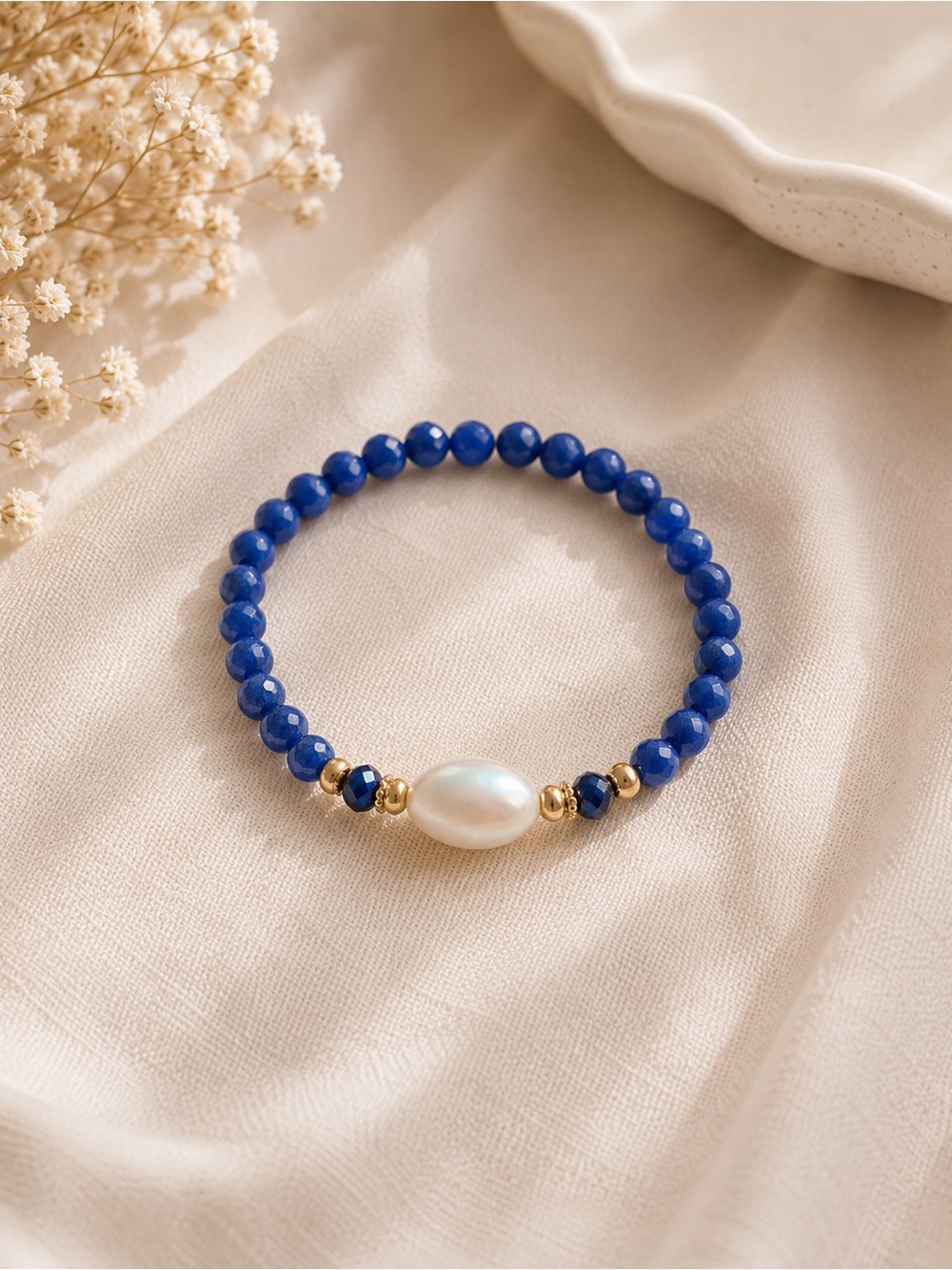Blue Beaded Pearl Accent Stretch Bracelet